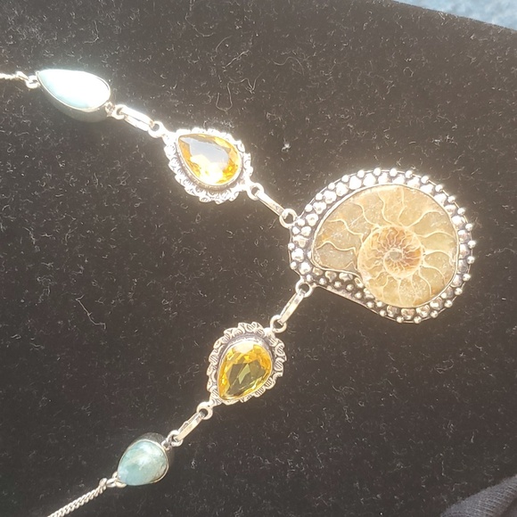 New Ammonite Fossil, Larimar and Citrine 925 Silver Necklace. - Picture 8 of 12